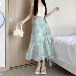 High Waist A-Line Floral Print Chiffon Halter Neck Dress Women's Summer New Style Belted Wrap Skirt Casual Polyester Fiber