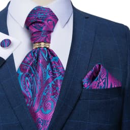 Luxury Men Green Blue Paisley Ascot Tie Set Solid Necktie Ring Wedding Party Cravat Purple Ties Pocket Sqaure Cufflink Free Ship