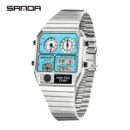 SANDA Electronic Watch Men Square Steel Band Digital Wristwatch Temperature Measurement Stopwatch Timing Multifunctional Watch