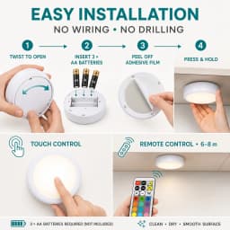 Melery LED Night Light Adhesive Sticker Battery Dimmable Multicolor Cabinet for Bedroom Kitchen Bathroom Drawer Wall Puck Lamp