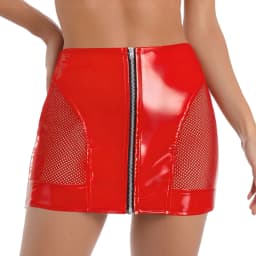 Womens PU Leather Front Zipper Mini Skirt Side Sheer Mesh Patchwork High Waist Bodycon Micro Skirt Wet Look Club Party Miniskirt