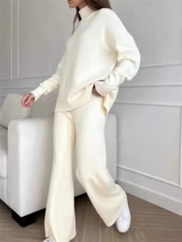 REALEFT Autumn Winter 2 Pieces White Women's Sets Knitted Tracksuit Turtleneck Sweater and Straight Jogging Pant Suits 2023 New