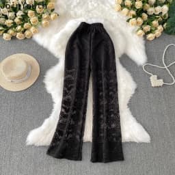 Summer Straight Pants for Women's 2025 New Bottoms High Waist Fashion Hollow Out Thin Pantalon Femme Korean Lace Trousers 63e165