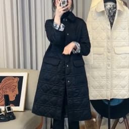 Trendy Korean Style Black Cotton Jacket Quilted Midi Coat Small Fragrance Style Diamond Pattern Commute Long Sleeve Collar