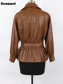 Nerazzurri Spring Autumn Short Brown Black Soft Light Faux Leather Jackets for Women Belt Lapel Casual Loose Korean Fashion 2022