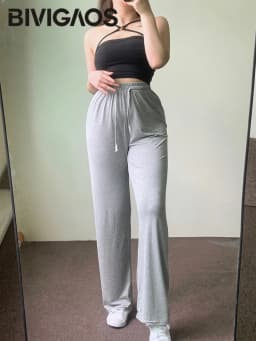 Women Spring Summer Thin Modal Wide Leg Pants Elastic Drawstring Stretch Drape Gray High Waist Casual Pants Dance Fitness Pants