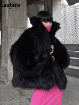 Lautaro Winter Cool Oversized Casual Soft Thick Warm Black Hariy Shaggy Faux Fur Coat Women Turn-down Collar Fluffy Jacket 2023