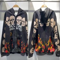 Asian Code Hiphop Street Distressed Washed Worn SATOSHI Zip-up Hoodie Flame Skeleton Vintage Faded Print Jacket Men Women Outfit