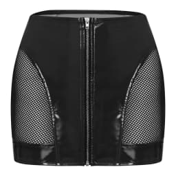 Womens Glossy PU Leather Latex Miniskirt Side Sheer Mesh Front Zipper High Waist Wet Look Bodycon Skirt Rave Party Clubwear