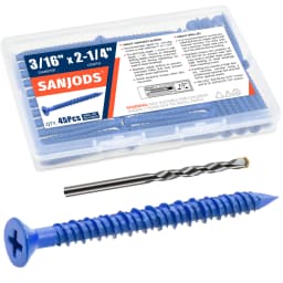 3/16" or 1/4" Concrete Screw Anchor Blue Flat Head Screws for Masonry Brick Block Cement Stucco (Boxed with Drill Bit)