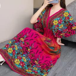n Long Print Dr V-Ne Slimming Cotton Silk Beachwear Casual High Waist Summer Women's Loose Fit Overhead Dr