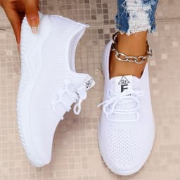 Women's White Slip-On Casual Sneakers - Breathable Fabric Upper & Lining, Elastic Side Panels for Easy Wear