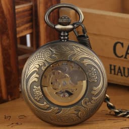 Bronze Automatic Mechanical Pocket Watch with Luminous Green Roman Numerals Dial 30cm Fob Chain Retro Pocket Timepiece Gift