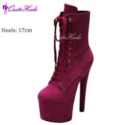 Faux Suede 17cm Pole Dance Shoes Stripper Heels Platform Women Ankle Booties Models Catwalk Lady Knight Boots Lace-up Zip