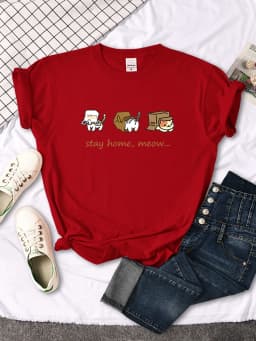 Kawaii Three Mini Cat Animal Stay Home Meow Print Women Tshirts Oversize Tops o-Neck Tee Shirt Casual Style Female Tee Shirts