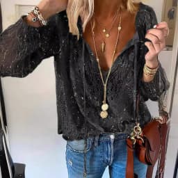 V-neck Hollow Air Quality Commuting Loose Printed Solid Color Lace Shirt Women Beach Vacation New Versatile Long-sleeved T-shirt