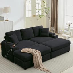 86.61'' Oversized Double Chaise Lounge with Ottomans, Comfy Corduroy Indoor Lounge Chair with Armrest Storage, Cup Holder, USB P