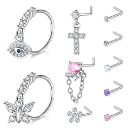 10Pcs Nose Rings Studs for Women Surgical Steel 18/20G Nose Hoop Corkscrew L Shaped Nose Stud Nose Ring Nose Piercing Jewelry