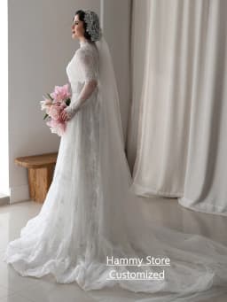 Saudi Arabian Pearls Lace Wedding Dress Customized High Neck Full Sleeves Court Train A Line vestidos de novia Bridal Gown