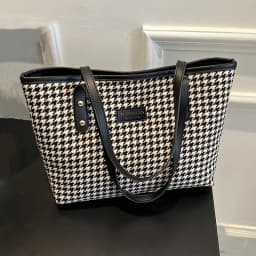 Casual Houndstooth Print Tote Bag, Large Capacity Shoulder Purse with Brown Leather Straps, Versatile for Everyday Work Outings
