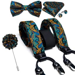Luxury White Men's Suspenders Adjustable 6 Clips Braces DiBanGu Leather Metal Pre-Tied Bow Tie Brooch Pocket Square Set