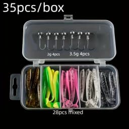 35pcs Soft Fishing Lures Kit with 10pcs Jig Head Hooks 25pcs Two-Color T Tail Colorful Silicone Soft Plastic Fishing Tackle