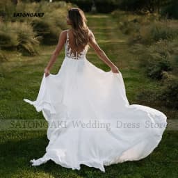 Customized Elegant Boho Side Split Lace V-Neck Chiffon Wedding Dresses for Women A-Line Sweep Train Backless Vestidos De Novia