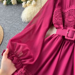 French Vintage O Neck Hollow Out Lace Patchwork Long Lantern Sleeves Korean Fashion Dresses Women's Autumn Waist Sweet Clothing