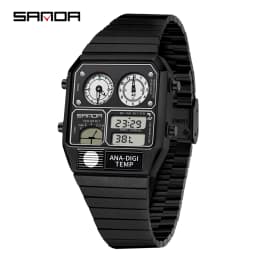 SANDA Electronic Watch Men Square Steel Band Digital Wristwatch Temperature Measurement Stopwatch Timing Multifunctional Watch