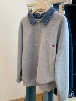plus Size Women's Grey Collar Patchwork Embroidery Sweatshirt Slimming Fake Two-Piece Top Korean Style Autumn Wear