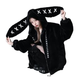 Trendy Womens Black Cute Bunny Ear Collar Zip Up Jacket Y2K Kawaii Oversized Plush Coat Street Style Plush Bunny Ear Warm Coat