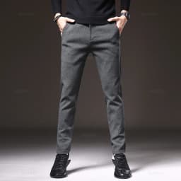 Autumn Winter Men's Casual Pants Solid Color Business Elastic Waist Slim Fit Stretch Thick Gray Black Blue Cotton Trousers Male