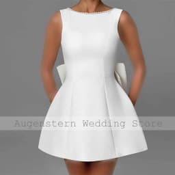 Mini Civil Wedding Dresses Satin A-line Wedding Party Dress White O-Neck Pearls Bow Backless Zipper Short Wedding Dress 2026