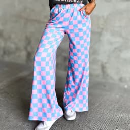 Womens Checkered Wide Leg Pants Vintage High Elastic Waist Straight Loose Fit Lounge Trouser Teen Girl Harajuku Streetwear