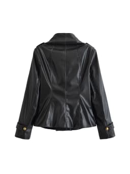 Women Stand Up Collar PU Jacket Chic Metal Buckle Faux Leather Black Jacket Leisure Double Breasted Long Sleeves Autumn Outfit
