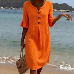 V-neck Button Solid Color Casual New Beach Vacation Style Versatile Dress For Women's A-line Lace Short Sleeved Patchwork Skirt