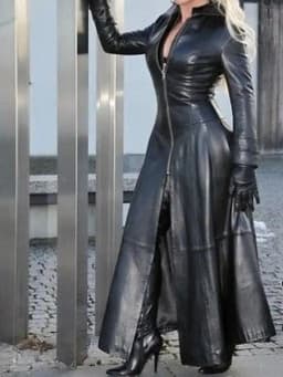 2023 Long PU Leather Coat with Stand Collar Stand-up Collar Biker Jacket Women's Fashion Autumn Winter Outerwear