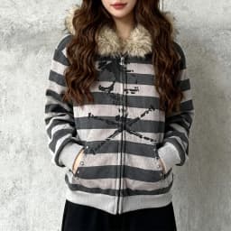Skull Printing Gothic Plush Brim Warm Striped Color Matching Hoodie Autumn Winter Street Hip Hop Punk Cardigan Women Casual Coat
