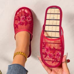Mesh Breathable Embroidered Sequin Flower Mules Shoes Summer Comfort Soft Bottom Sandals Women Chinese Style Bamboo Sole Sandals