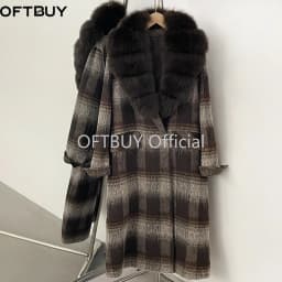 OFTBUY New Warm Winter Outerwear for Female Mid Long 100% Wool Coat Women Real Fox Fur Lapel Collar Vintage Plaid Woolen Jacket