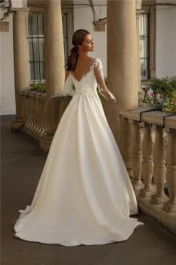 A-Line a Long Sleeve Satin Wedding Dresses Elegant Women's Round Neck Lace Applique vestidos de novia Princess Bridal Dress