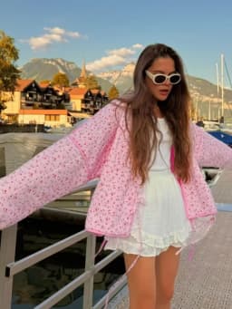 Y-Neck Floral Print Cotton Jacket Padded Coat Pink Lace Up Loose Casual Japanese Cardigan Cotton-Padded Coats Women Warm Outwear