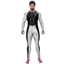 AMORESY Draco Men Oily Glossy Elastic Patchwork Jumpsuit Tracksuit Bodysuit Wrestling Sport Gym Fitness Tight Overalls Sweatsuit