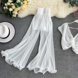 Summer Women's Wide Leg Pants Elastic Waist Pleated Fashionable Air Conditioned Long Pants Bell Bottoms Commute Style Polyest...