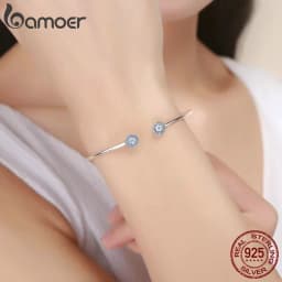 BAMOER 100% 925 Sterling Silver Blue Zircon Lucky Eyes Bracelet for Women Open Cuff Bangle Classic Luxury Jewelry SCB058