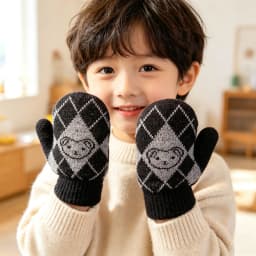 Kids Winter Knit Mittens Fleece Warm Argyle Plaid Simple Bear Jacquard Stretchy Rib Cuff Cold‑proof Vintage Style Gloves 2026