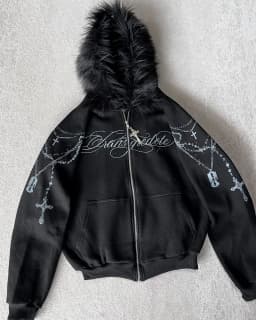 American Retro Fur Collar Flag Printing Oversize Zipper Hoodie Men's and Women's Y2K New Harajuku Hip Hop Goth Casual Sweatshirt