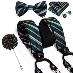 Luxury White Men's Suspenders Adjustable 6 Clips Braces DiBanGu Leather Metal Pre-Tied Bow Tie Brooch Pocket Square Set