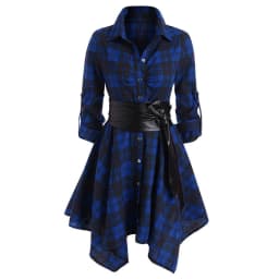 Women Red Plaid Belted Roll Tab Sleeve Handkerchief Dress Grunge Gothic Casual Dresses Vestidos Button Up Long Sleeve Streetwear