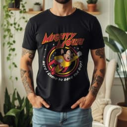 2026 Summer Mens Mighty Mouse Graphic Oversize Tee 100% Cotton Classic Cartoon Short Sleeve